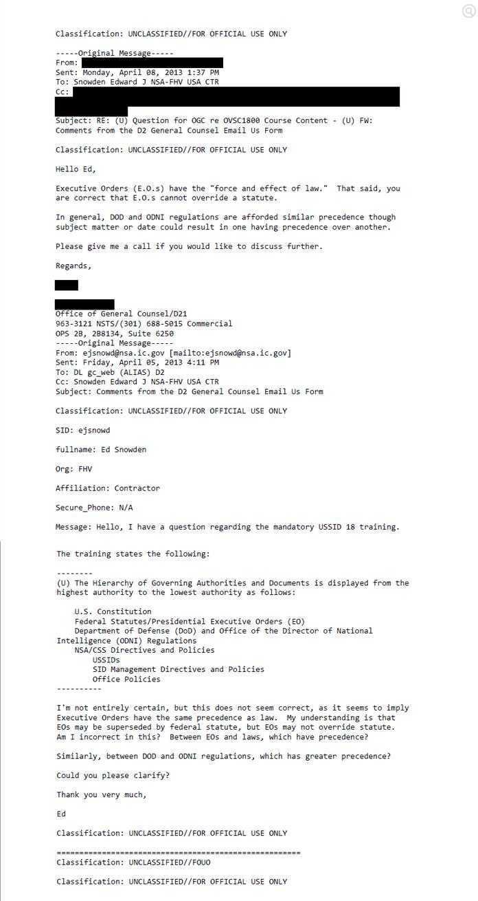 NSA Edward Snowden email exchange