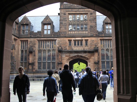 A group walks on a tour at Princeton University Wednesday, May 9, 2012., in Princeton, N.J. (AP Photo/Mel Evans)