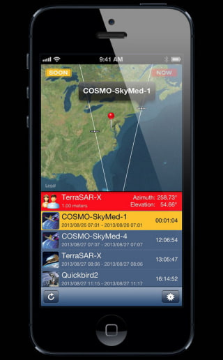 Screenshot of the new iPhone app SpyMeSat, which lets users track overhead imaging satellites.