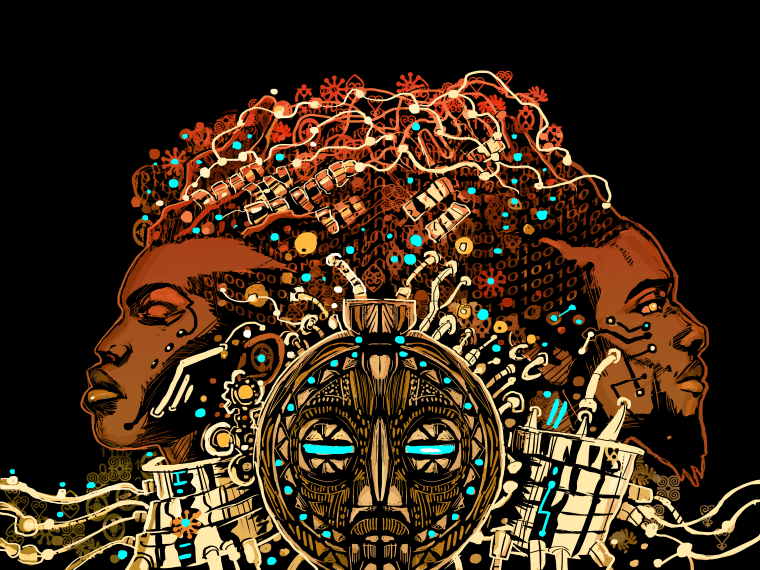 Front and back cover of 'Reynaldo' displaying Afrofuturism designs