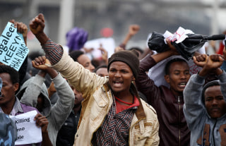 Image: Protesters chant slogans during a demonstration over what they say is unfair distribution of wealth in the country at Meskel Square in Ethiopia's capital Addis Ababa
