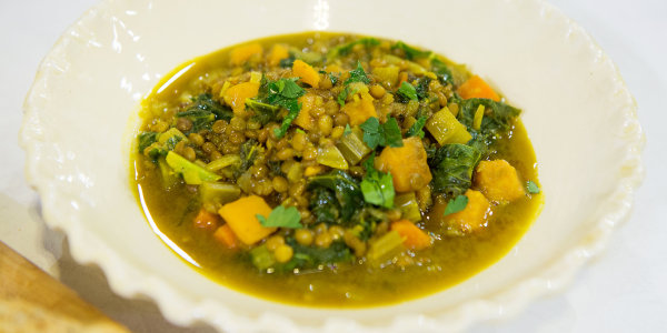 Lentil and Sweet Potato Stew with Turmeric and Kale