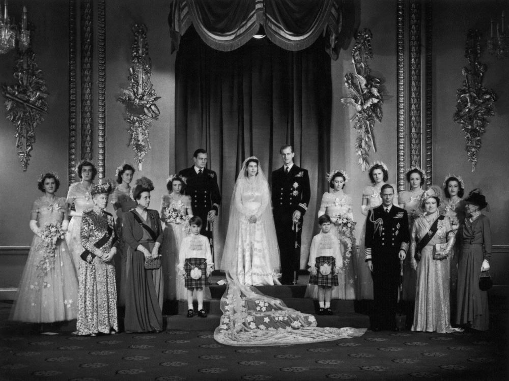 Image: Elizabeth and Philip pose with members of the royal family at Buckingham Palace after their wedding on Nov. 20, 1947.