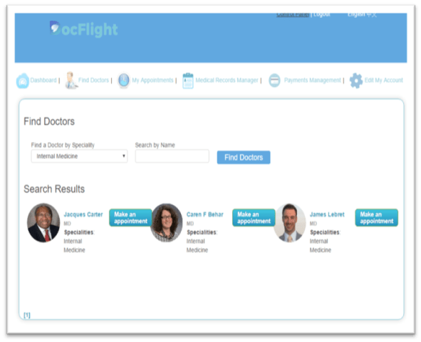 Image: DocFlight's "Find Doctors" page.