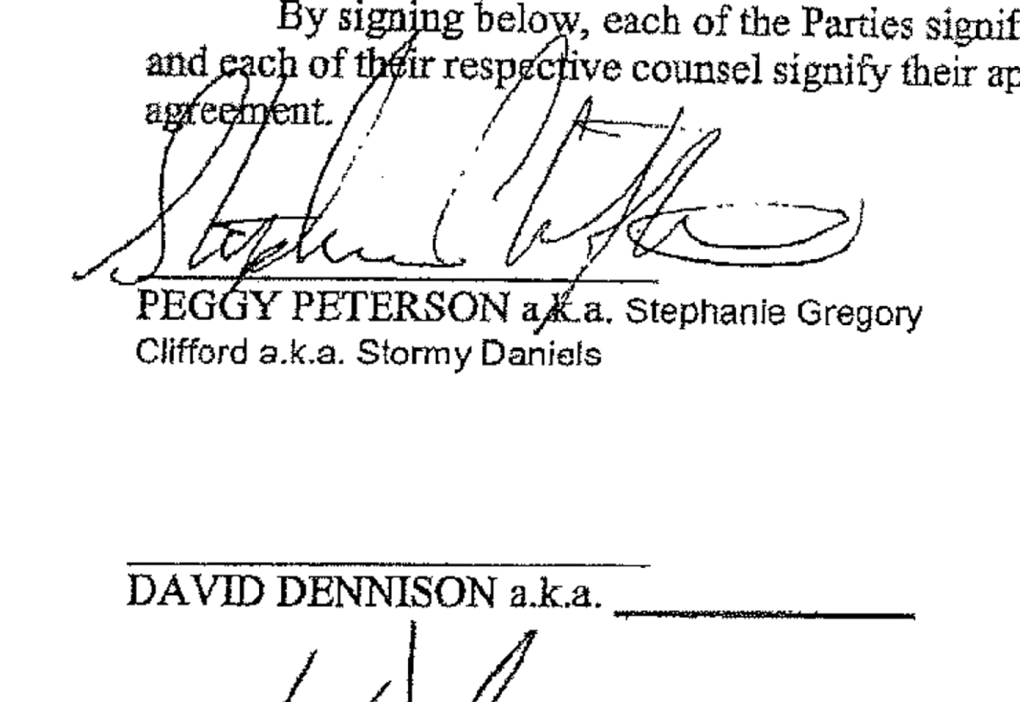 The signature page from the side letter agreement has a signature from Stephanie Clifford as 