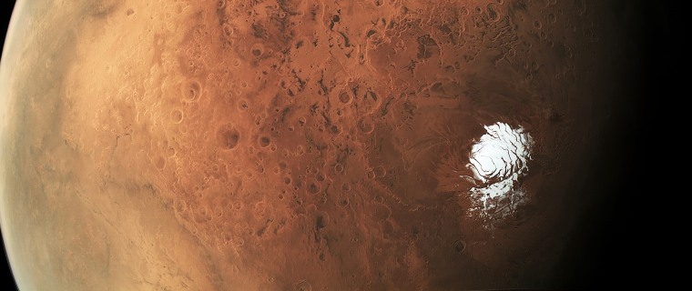 Mars' south polar ice cap in an image captured the European Space Agency's Mars Express spacecraft. Italian researchers believe a reservoir lies below ice about a mile thick in an area close to the planet's south pole.