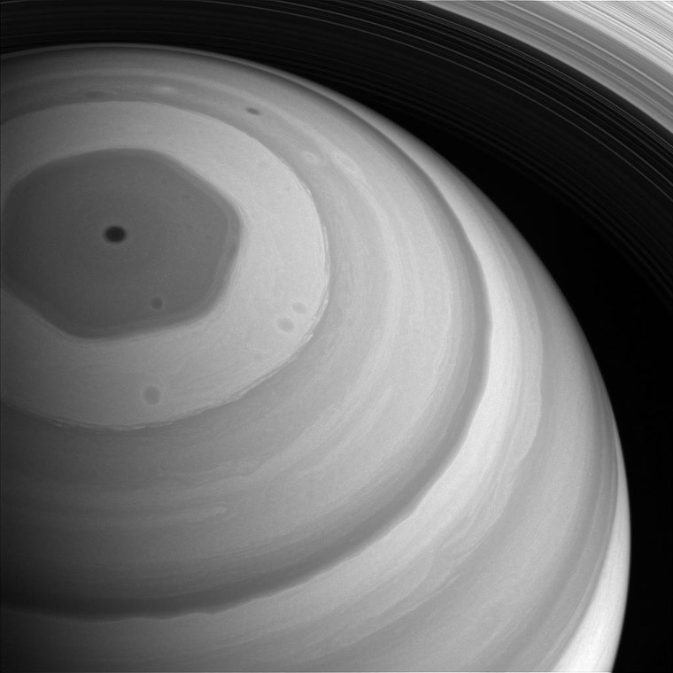   Gray-scale Cassini views of Saturn's famous hexagon. 