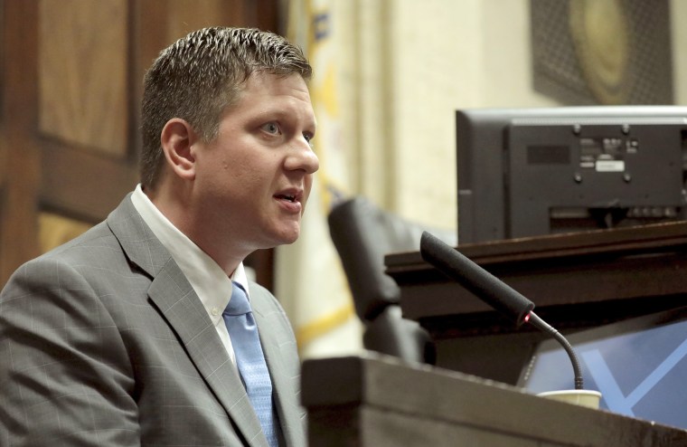 Chicago police Officer Jason Van Dyke takes the stand in his murder trial on Oct. 2, 2018 for the shooting death of Laquan McDonald, in Chicago.