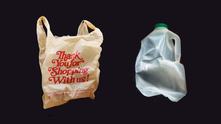 Photo illustration of a plastic bag and empty milk carton.