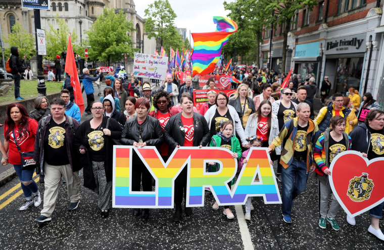 Image: Sara Canning, the partner of journalist Lyra McKee, marches during a same-sex marriage protest in Belfast, Northern Ireland, on May 18, 2019.