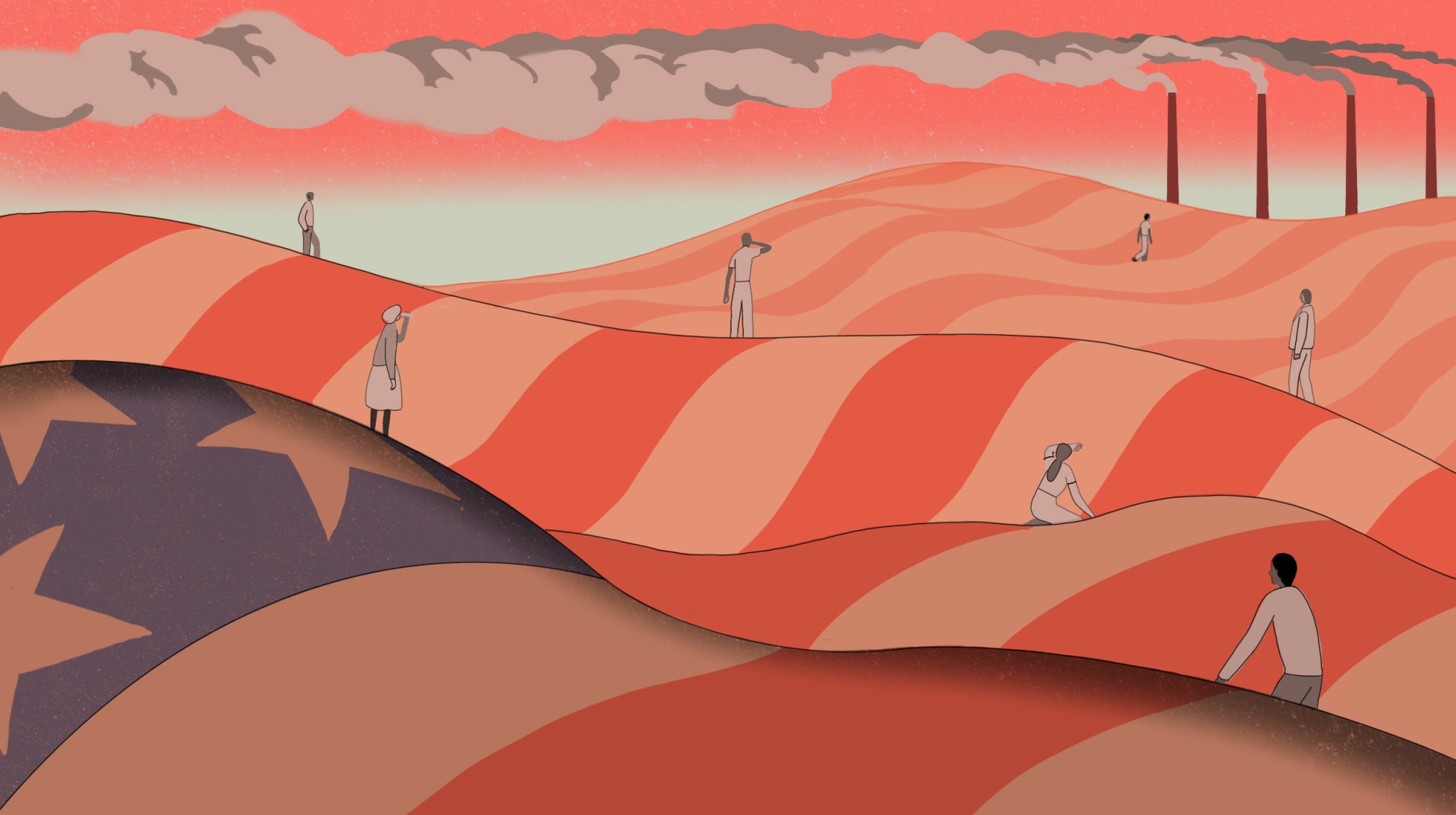 Illustration of overheated people standing on hills made of the American flag, smoke stacks billow in the distance.