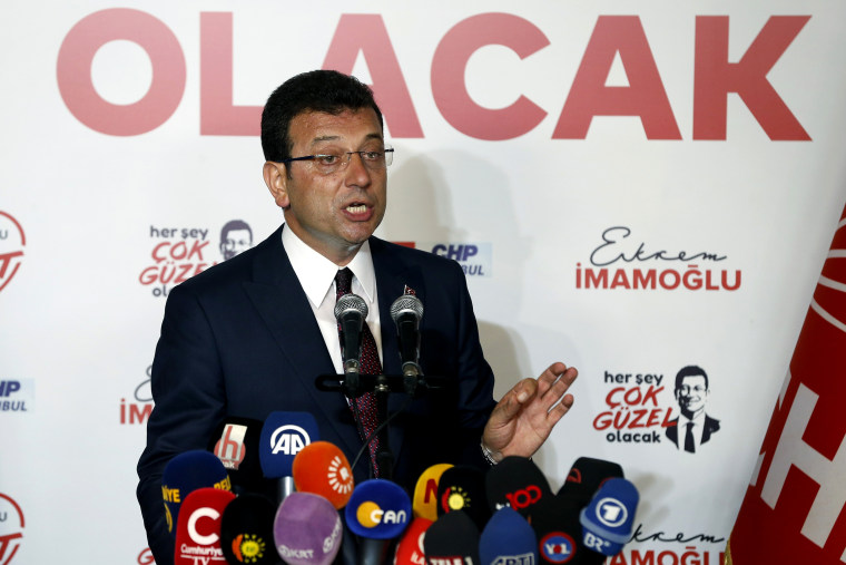 Image: Ekrem Imamoglu speaks to the media at CHP offices in Istanbul on June 23, 2019.