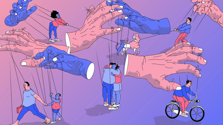Illustration of hands controlling people like marionettes.