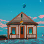 Ilustración de una persona sentada en una casa inundada mientras sueltan un globo con forma de tierra.