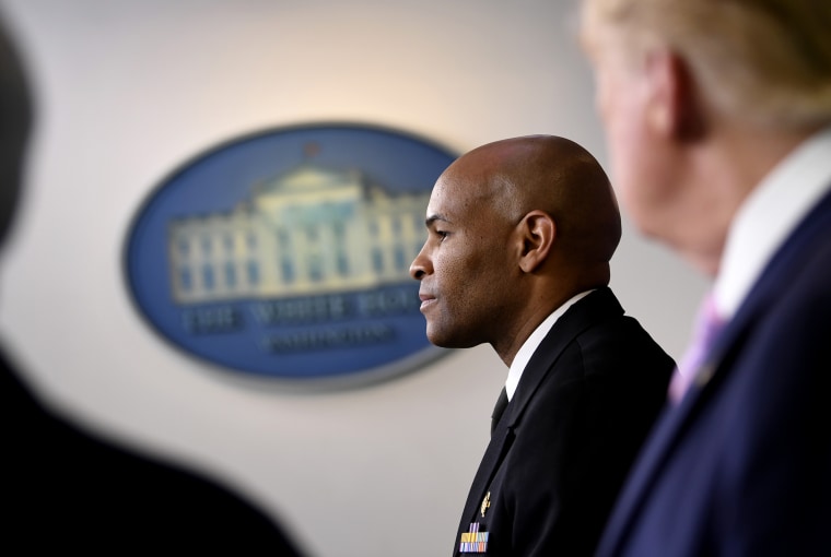 Image: Vice Admiral Jerome Adams, the Surgeon General, attends a coronavirus task force briefing at the White House on April 10, 2020.
