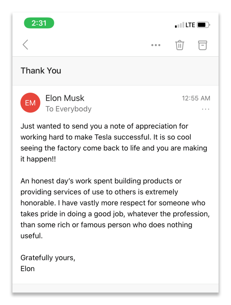 An email Musk sent to Tesla employees.