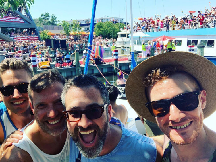 Ben Rimalower, center, with friends in Fire Island Pines the summer of 2019. 