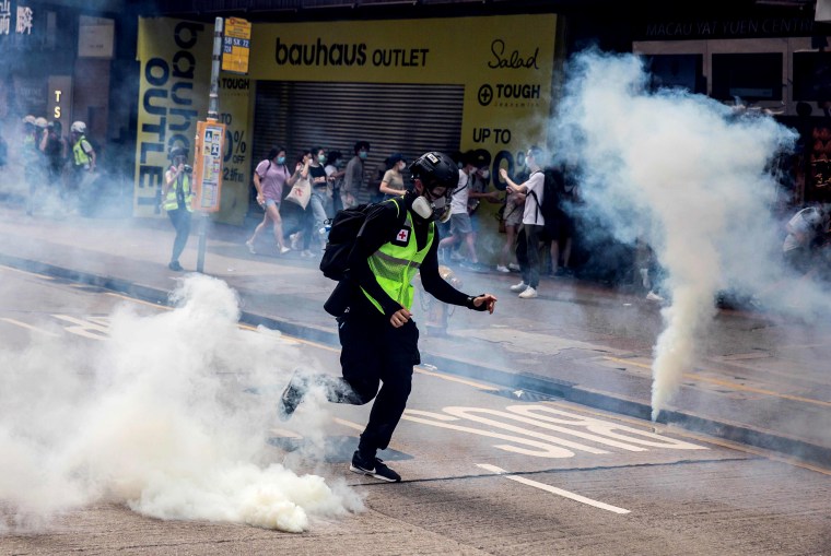 Image: Police fire tear gas on protesters demonstrating against new security legislation in Hong Kong on May 24, 2020.