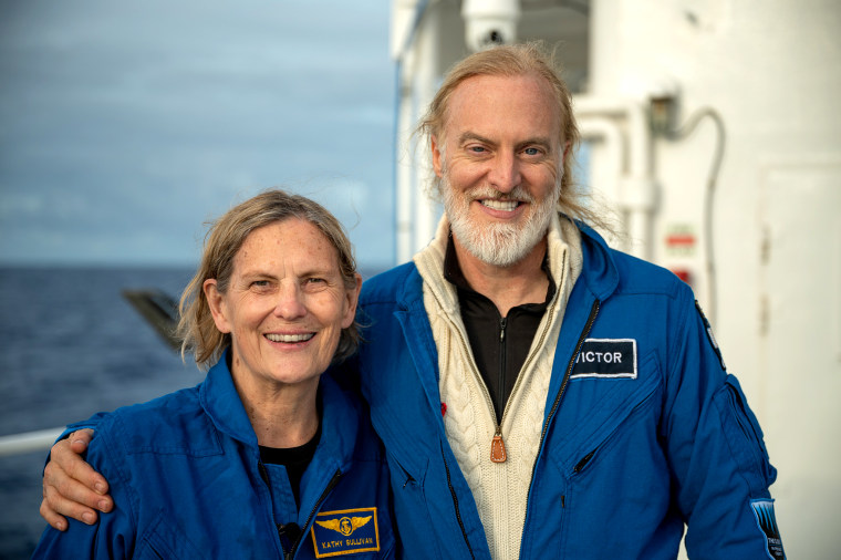 Dr. Kathy Sullivan and Victor Vescovo after their dive to Challenger Deep.