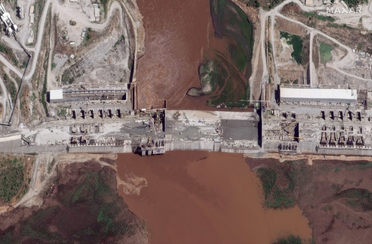 The Grand Ethiopian Renaissance Dam on the Blue Nile river in the Benishangul-Gumuz region of Ethiopia in a satellite image from May 28, 2020.