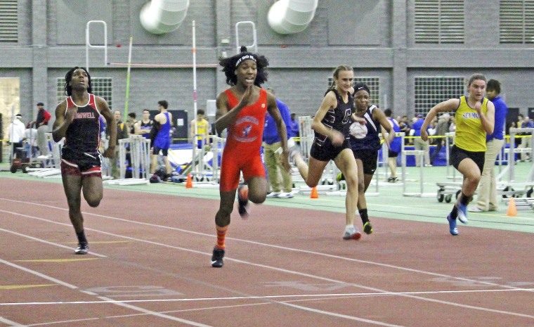 Bloomfield High School transgender athlete Terry Miller, second from left, wins the final of the 55-meter dash over transgender athlete Andraya Yearwood, far left, and other runners in the Connecticut girls Class S indoor track meet at Hillhouse High School in New Haven on Feb. 7, 2019.