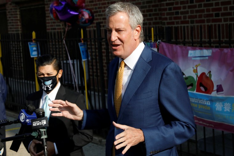 Image: New York City Mayor Bill de Blasio, speaks during a news conference after greeting students for the first day of in-person pre-school following the outbreak of the coronavirus disease (COVID-19) in New York