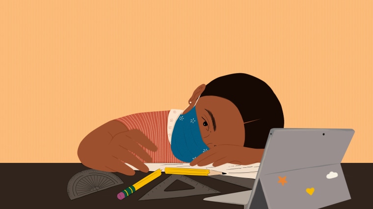 Image: A child wearing a mask lays her head on her desk with a broken pencil and an iPad.