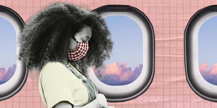 Photo illustration of woman looking out of a plane's window
